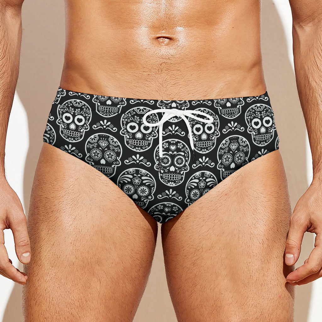 Black And White Calavera Skull Print Men's Swim Briefs