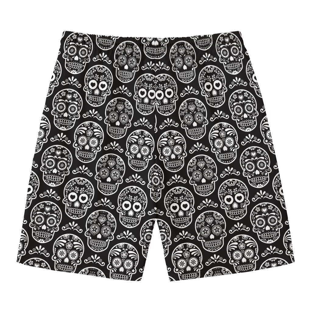 Black And White Calavera Skull Print Men's Swim Trunks