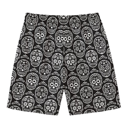 Black And White Calavera Skull Print Men's Swim Trunks