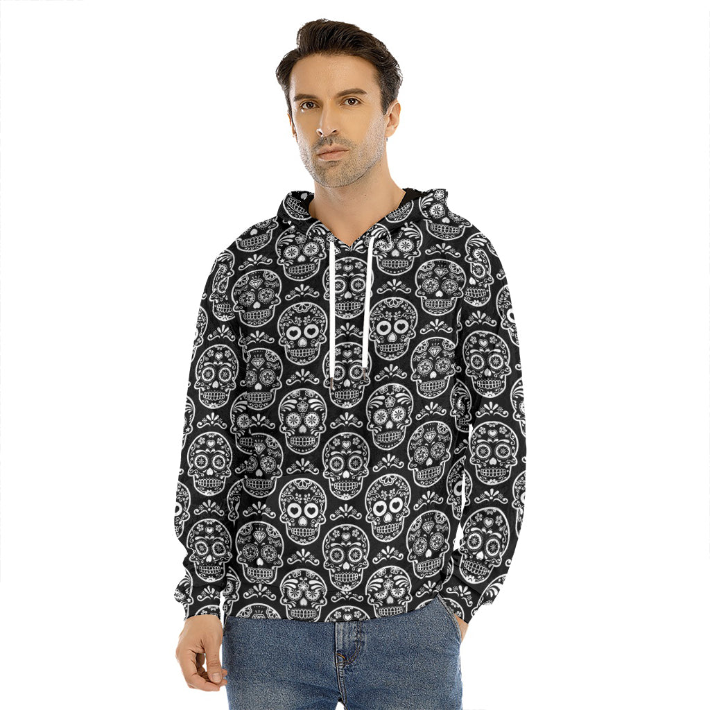 Black And White Calavera Skull Print Men's Velvet Pullover Hoodie