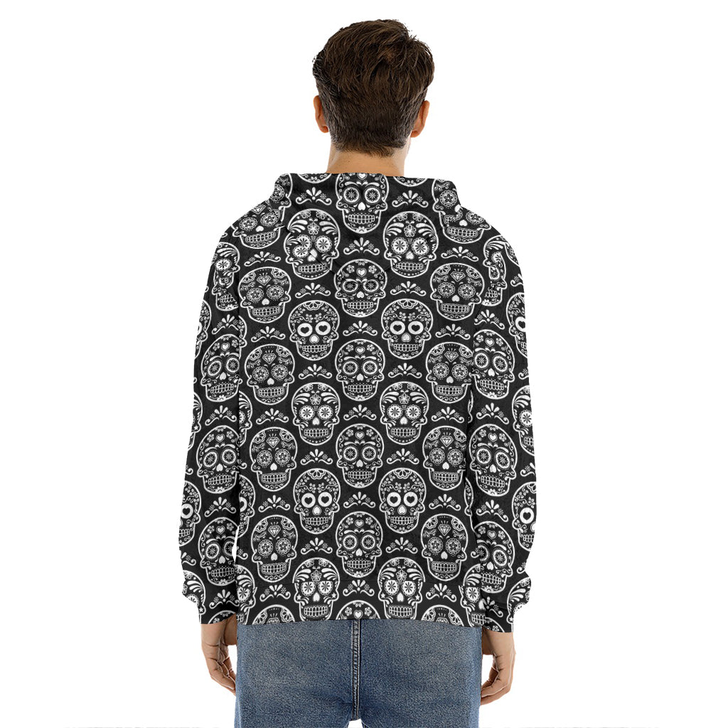 Black And White Calavera Skull Print Men's Velvet Pullover Hoodie