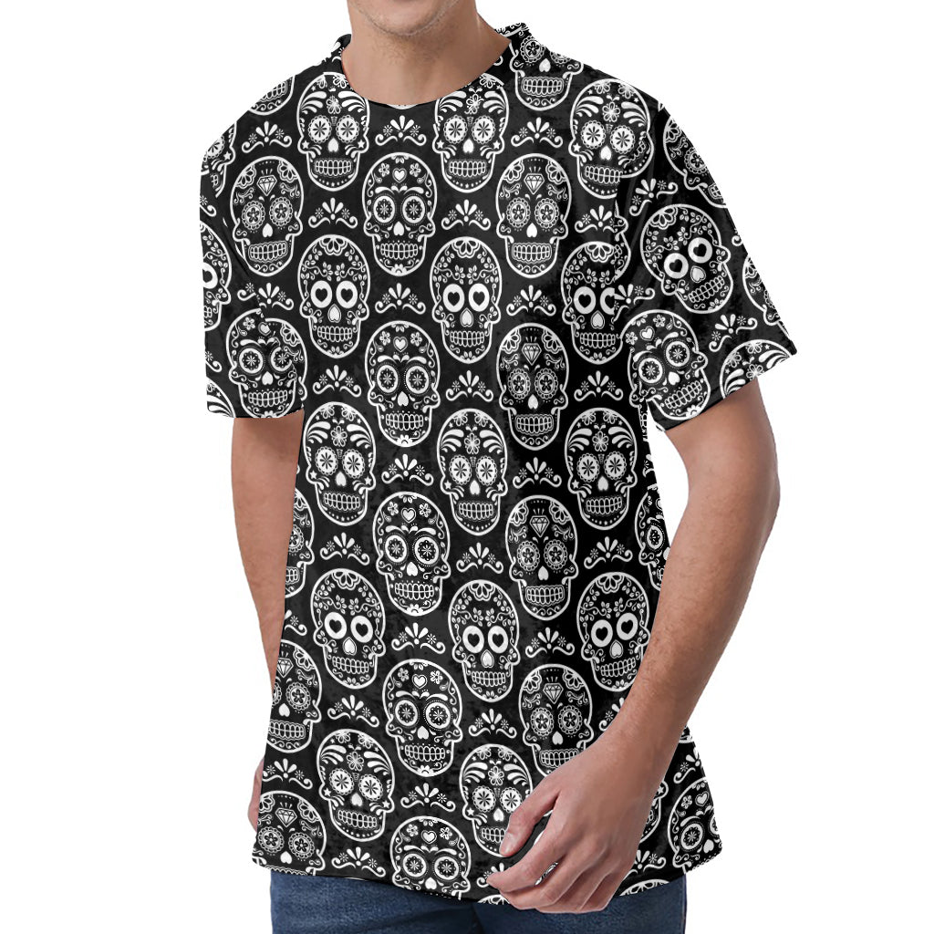 Black And White Calavera Skull Print Men's Velvet T-Shirt