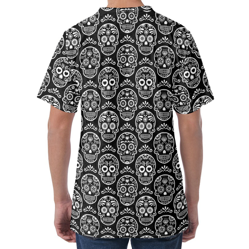 Black And White Calavera Skull Print Men's Velvet T-Shirt