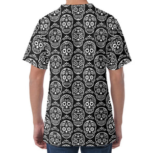 Black And White Calavera Skull Print Men's Velvet T-Shirt