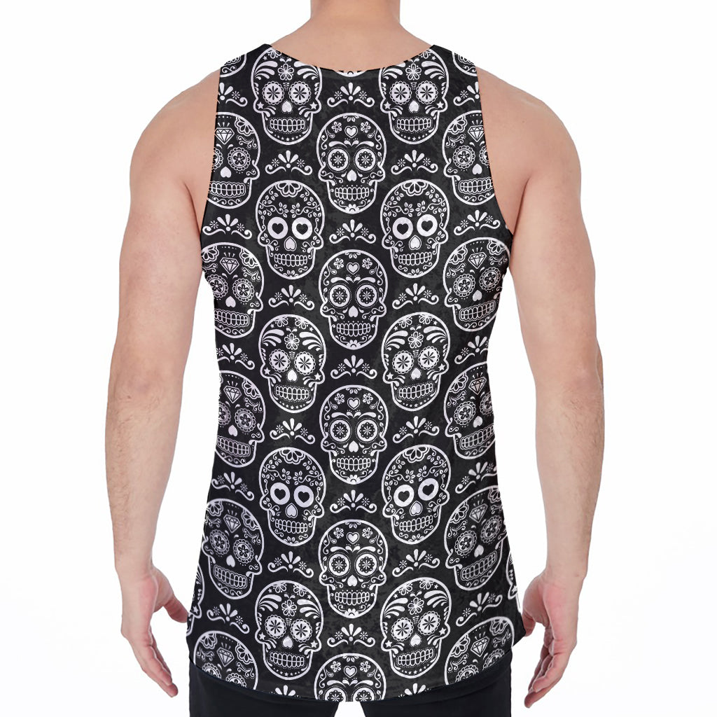 Black And White Calavera Skull Print Men's Velvet Tank Top