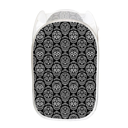 Black And White Calavera Skull Print Mesh Laundry Hamper