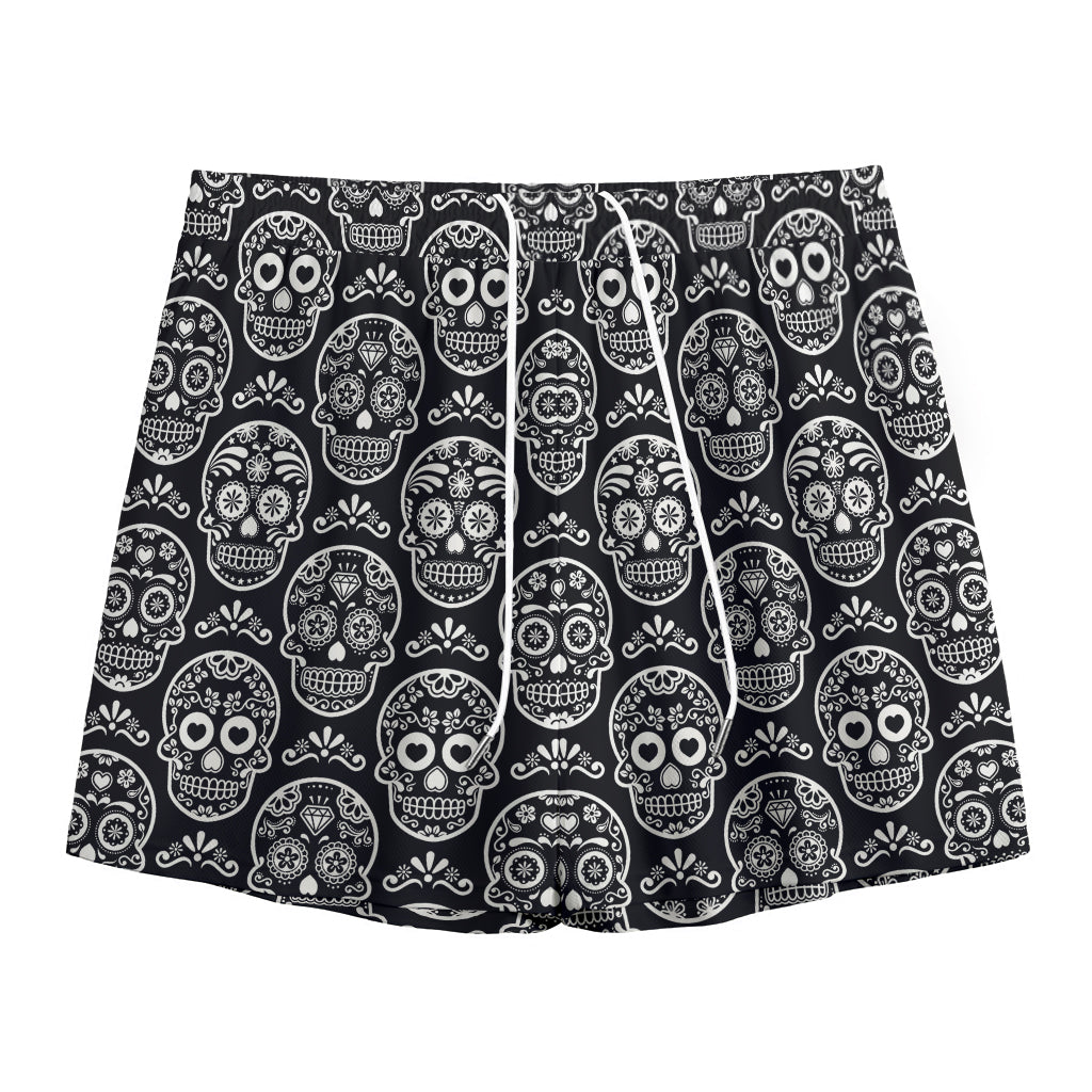 Black And White Calavera Skull Print Mesh Shorts