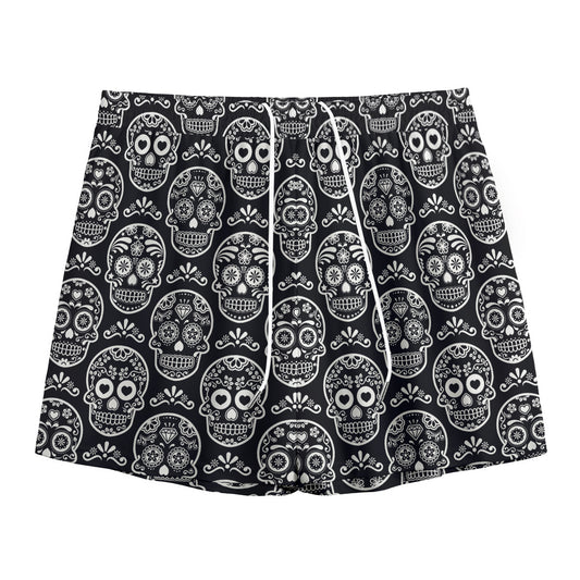Black And White Calavera Skull Print Mesh Shorts
