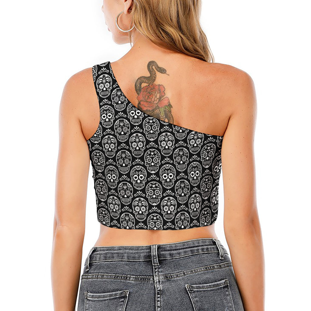 Black And White Calavera Skull Print One Shoulder Crop Top