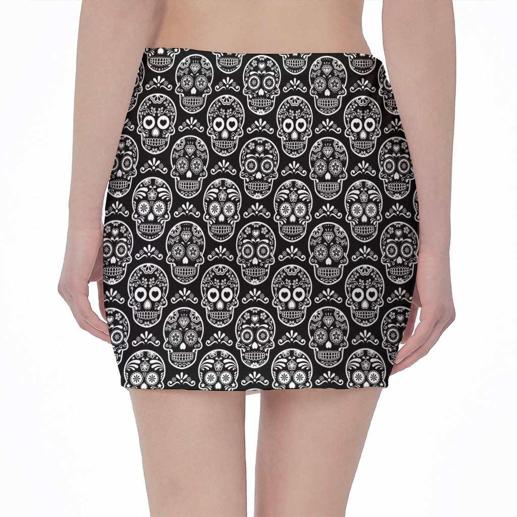 Black And White Calavera Skull Print Pencil Mini Skirt