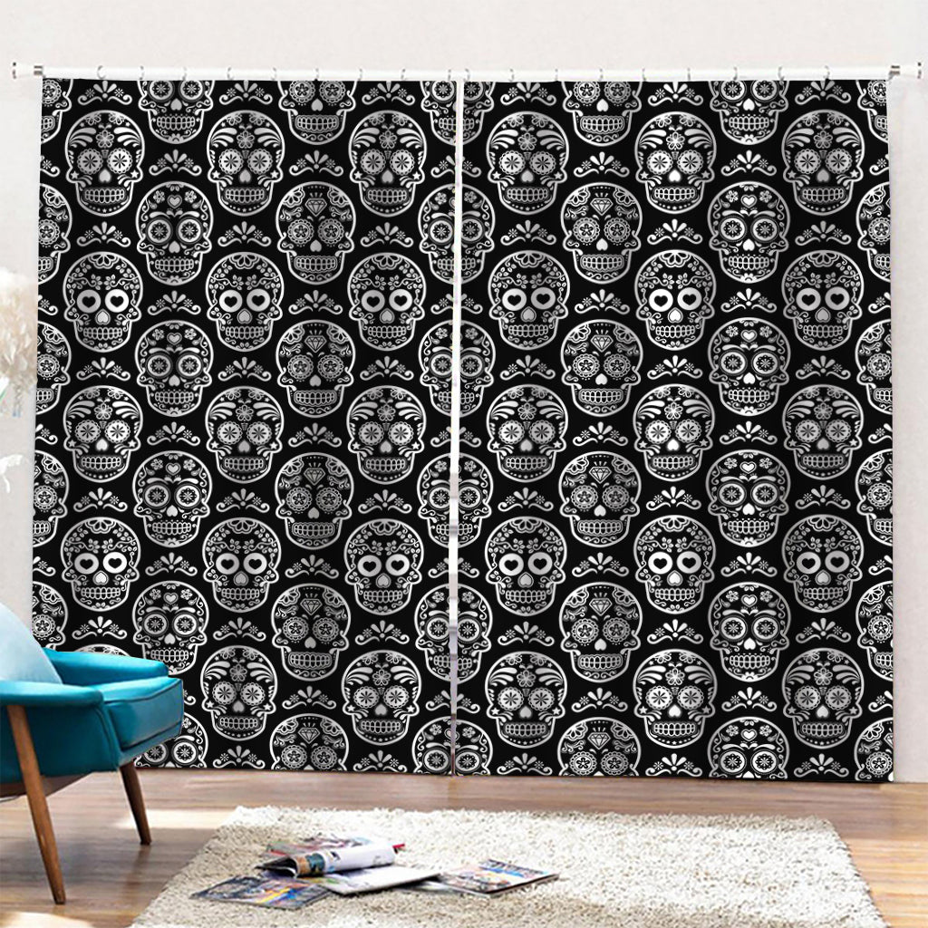 Black And White Calavera Skull Print Pencil Pleat Curtains