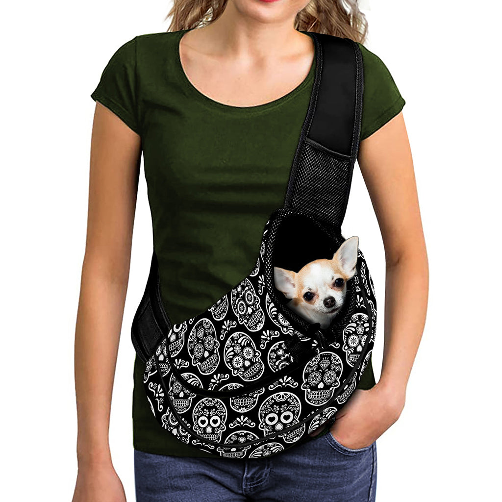 Black And White Calavera Skull Print Pet Sling Carrier