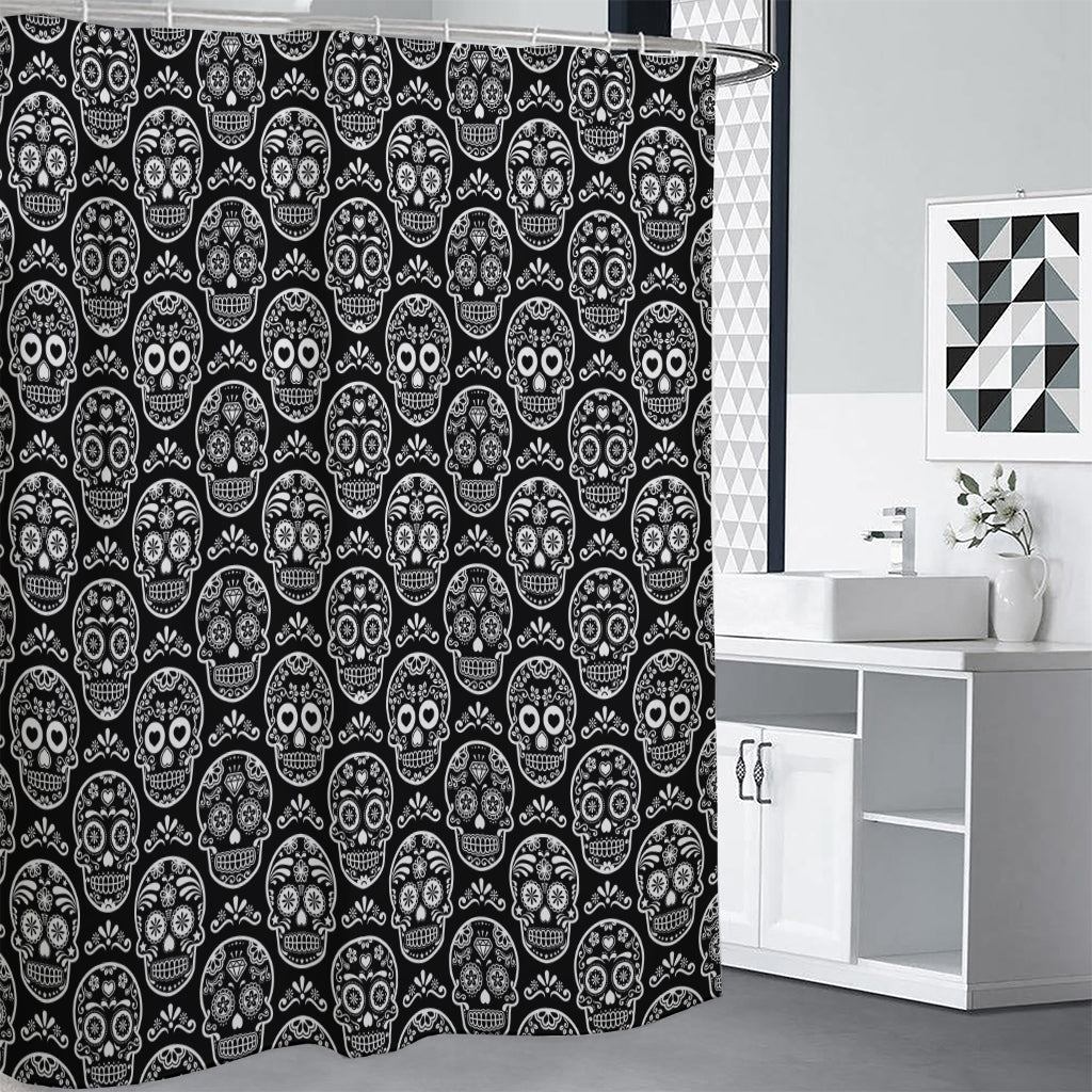 Black And White Calavera Skull Print Premium Shower Curtain