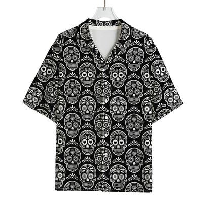 Black And White Calavera Skull Print Rayon Hawaiian Shirt