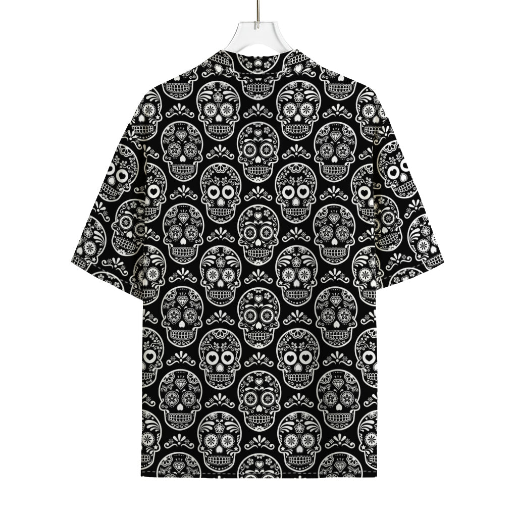 Black And White Calavera Skull Print Rayon Hawaiian Shirt