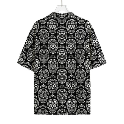Black And White Calavera Skull Print Rayon Hawaiian Shirt