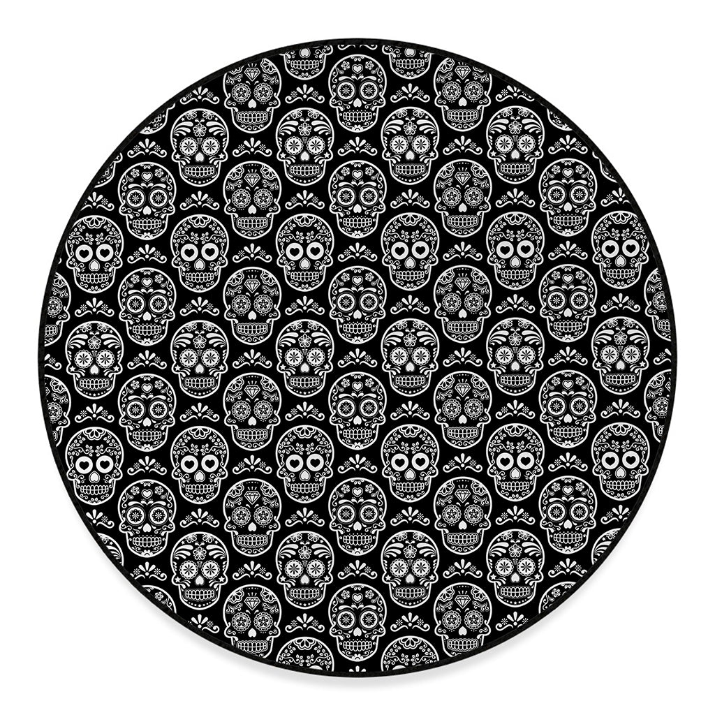 Black And White Calavera Skull Print Round Floor Mat