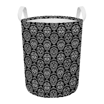 Black And White Calavera Skull Print Round Laundry Basket
