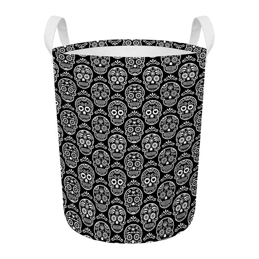 Black And White Calavera Skull Print Round Laundry Basket