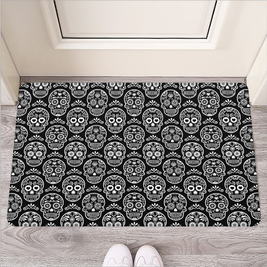 Black And White Calavera Skull Print Rubber Doormat