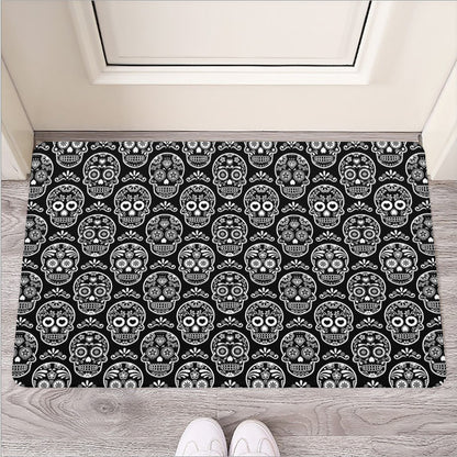 Black And White Calavera Skull Print Rubber Doormat