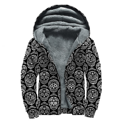 Black And White Calavera Skull Print Sherpa Lined Zip Up Hoodie