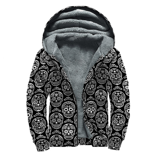 Black And White Calavera Skull Print Sherpa Lined Zip Up Hoodie