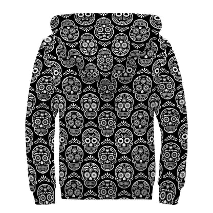 Black And White Calavera Skull Print Sherpa Lined Zip Up Hoodie