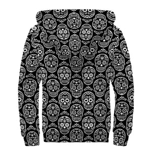 Black And White Calavera Skull Print Sherpa Lined Zip Up Hoodie