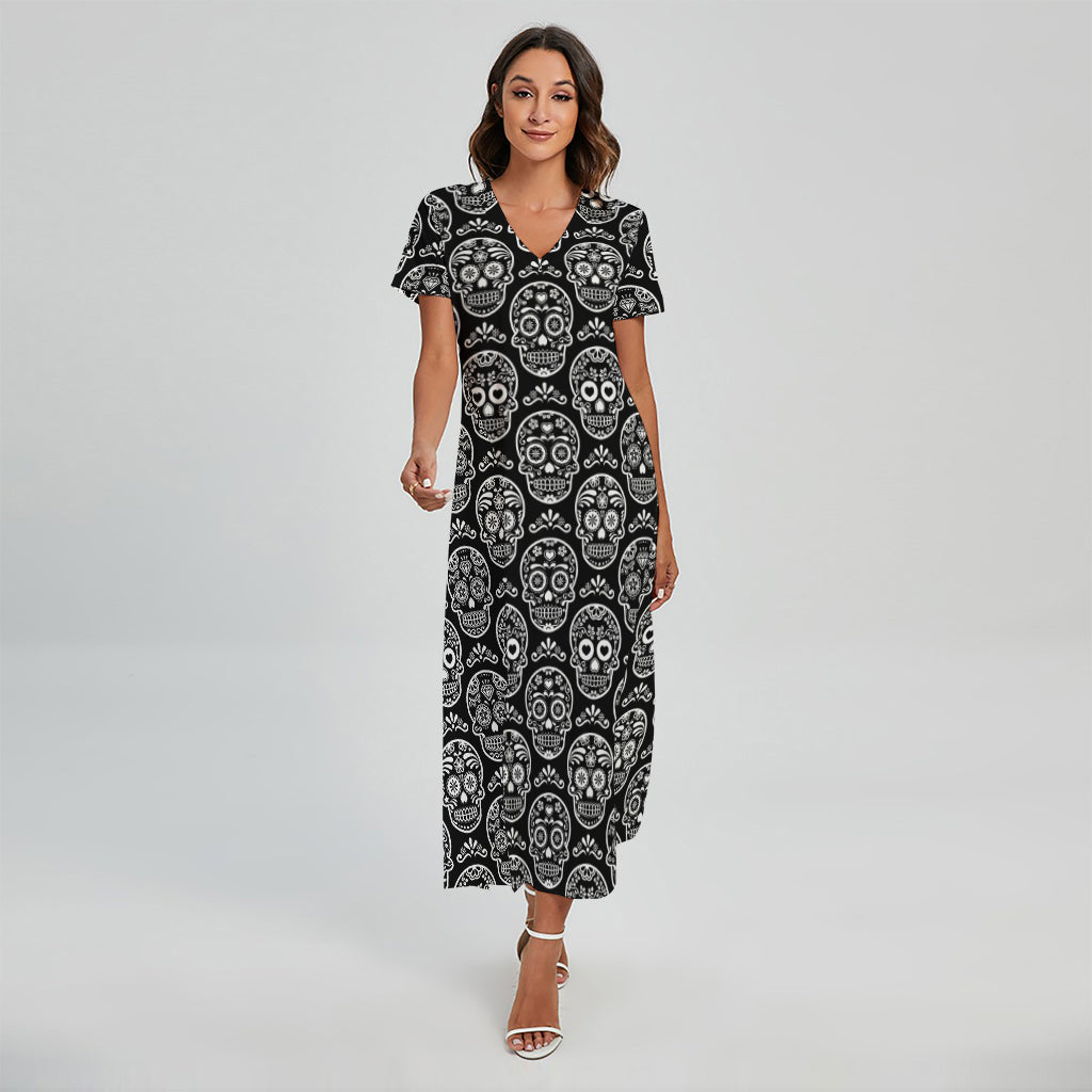 Black And White Calavera Skull Print Short Sleeve Maxi Dress