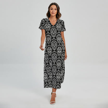 Black And White Calavera Skull Print Short Sleeve Maxi Dress