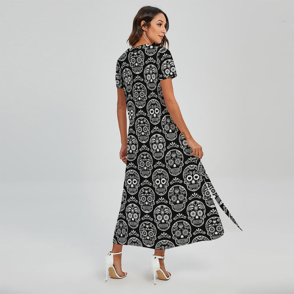 Black And White Calavera Skull Print Short Sleeve Maxi Dress