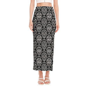 Black And White Calavera Skull Print Side Slit Maxi Skirt