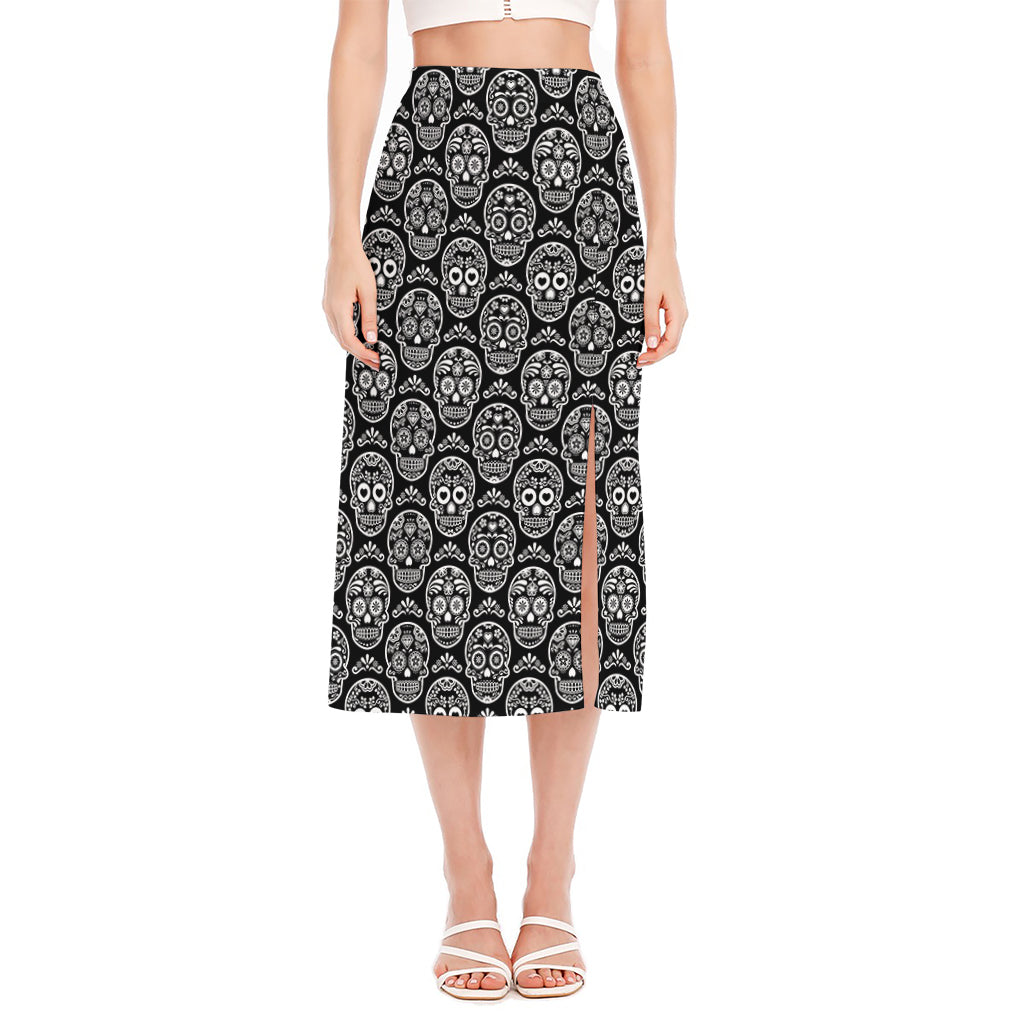 Black And White Calavera Skull Print Side Slit Midi Skirt