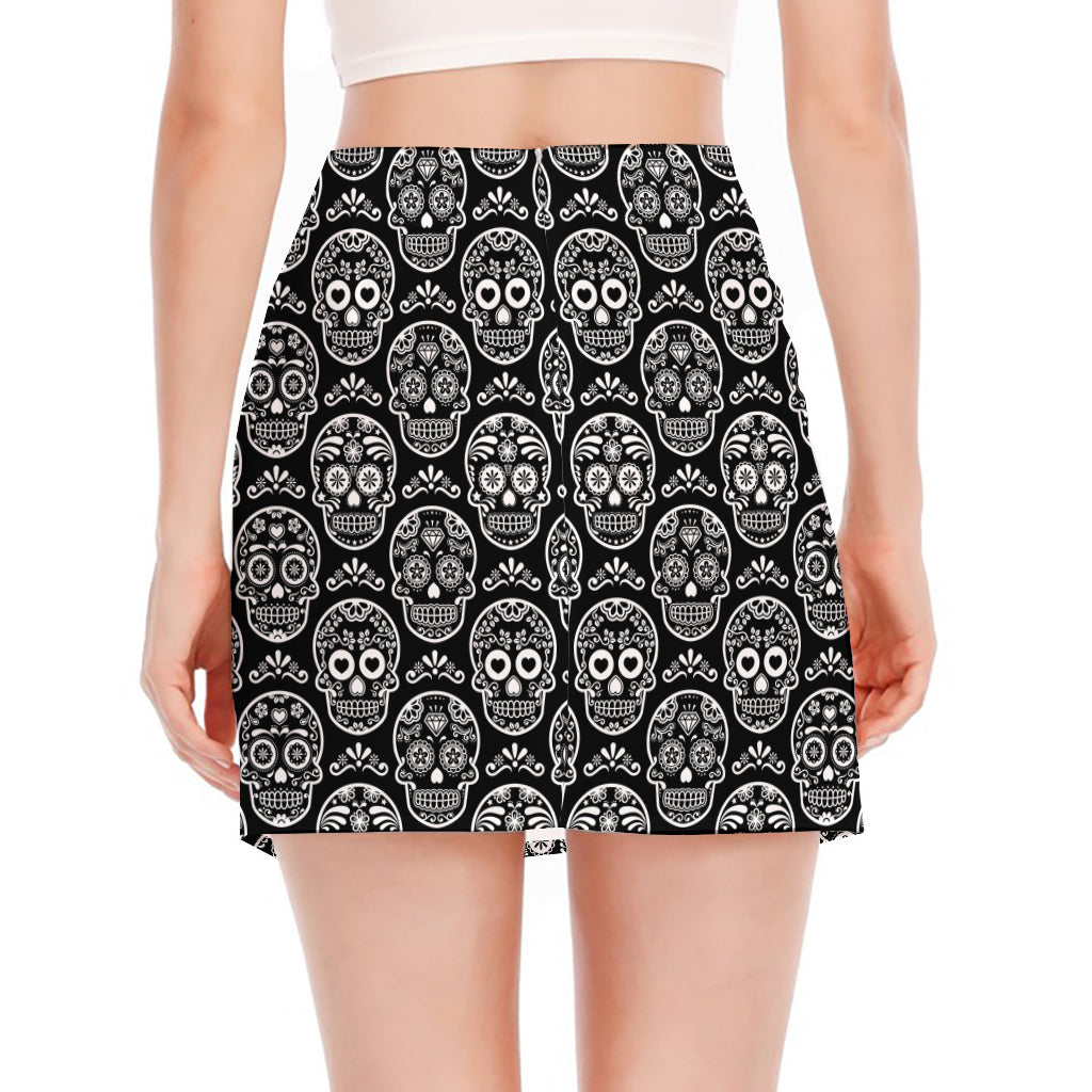 Black And White Calavera Skull Print Side Slit Mini Skirt