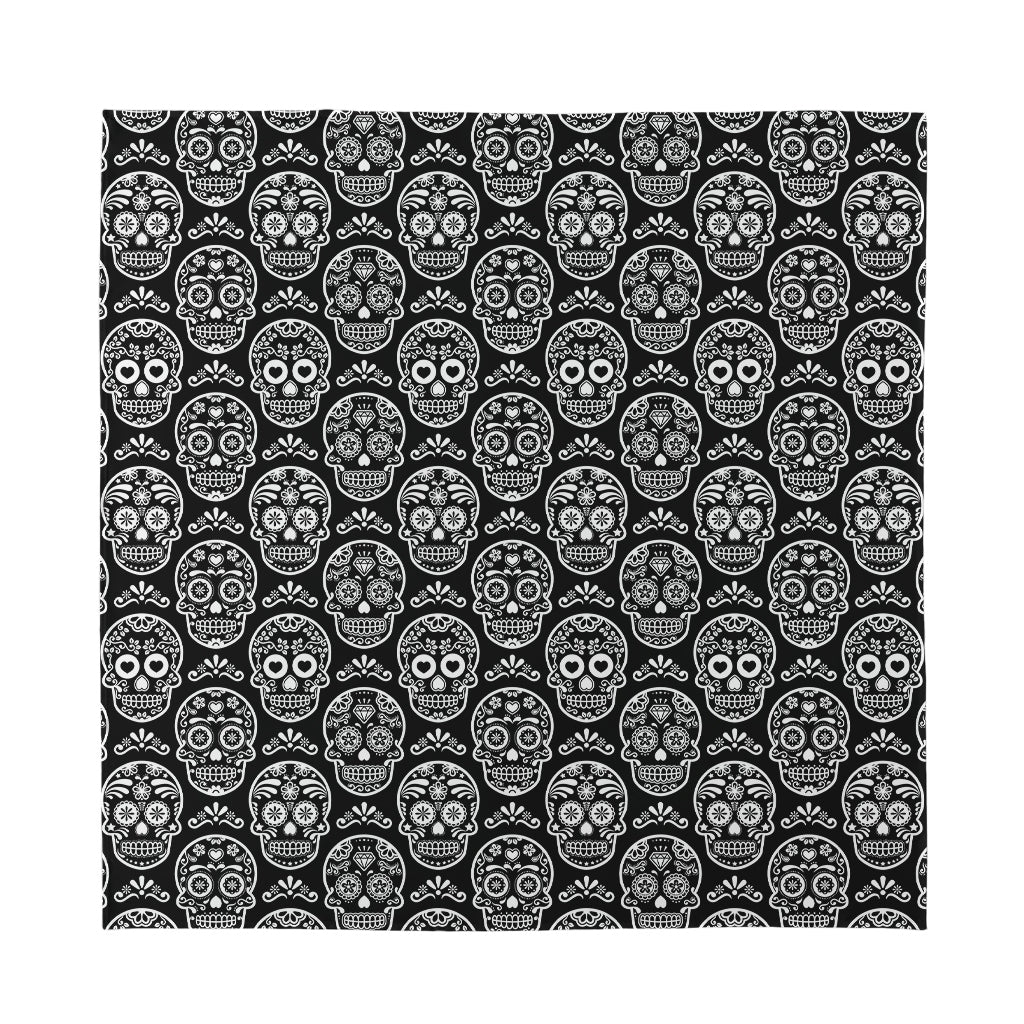 Black And White Calavera Skull Print Silk Bandana