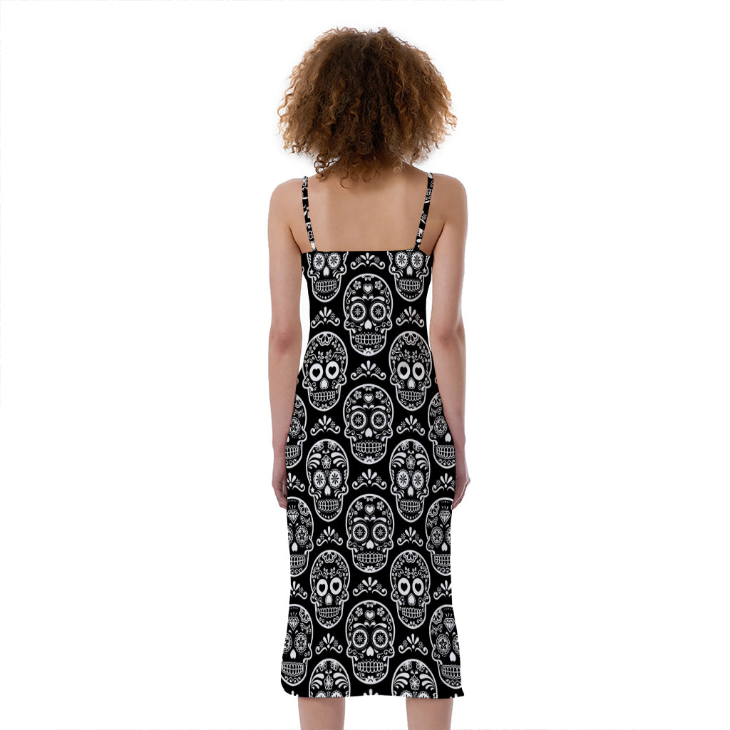 Black And White Calavera Skull Print Slim Fit Midi Cami Dress
