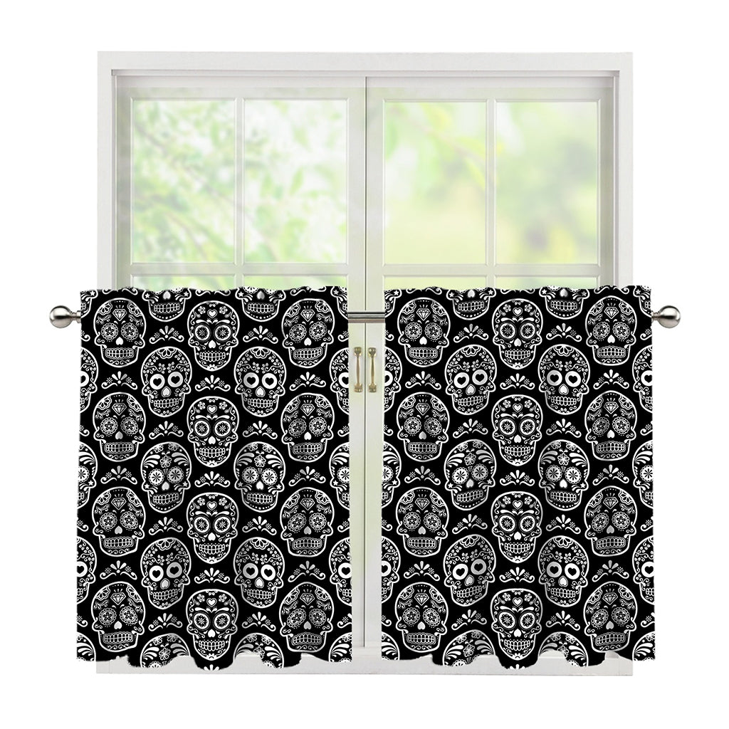 Black And White Calavera Skull Print Tier Curtains