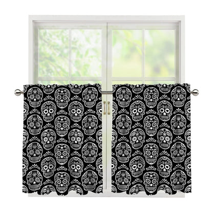 Black And White Calavera Skull Print Tier Curtains