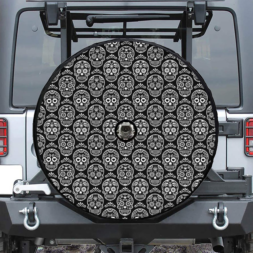Black And White Calavera Skull Print Tire Cover With Camera Hole