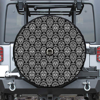 Black And White Calavera Skull Print Tire Cover With Camera Hole