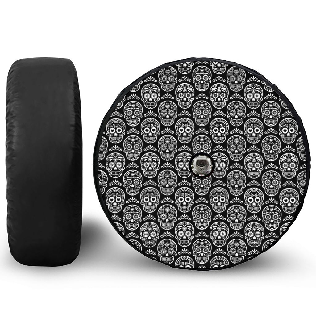 Black And White Calavera Skull Print Tire Cover With Camera Hole