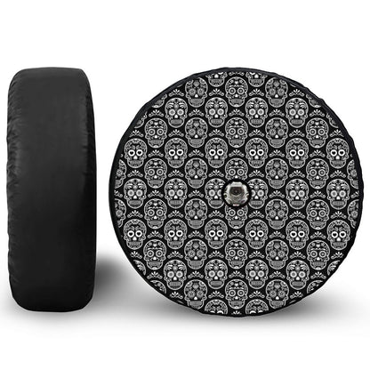 Black And White Calavera Skull Print Tire Cover With Camera Hole