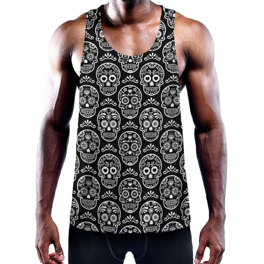 Black And White Calavera Skull Print Training Tank Top