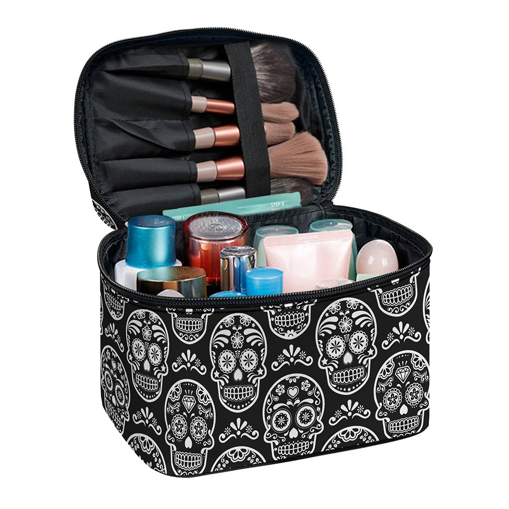 Black And White Calavera Skull Print Travel Makeup Bag