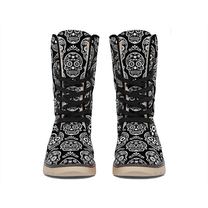 Black And White Calavera Skull Print Winter Boots