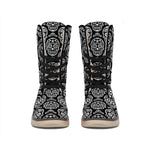 Black And White Calavera Skull Print Winter Boots