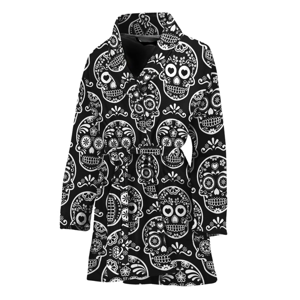 Black And White Calavera Skull Print Women's Bathrobe