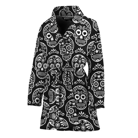 Black And White Calavera Skull Print Women's Bathrobe