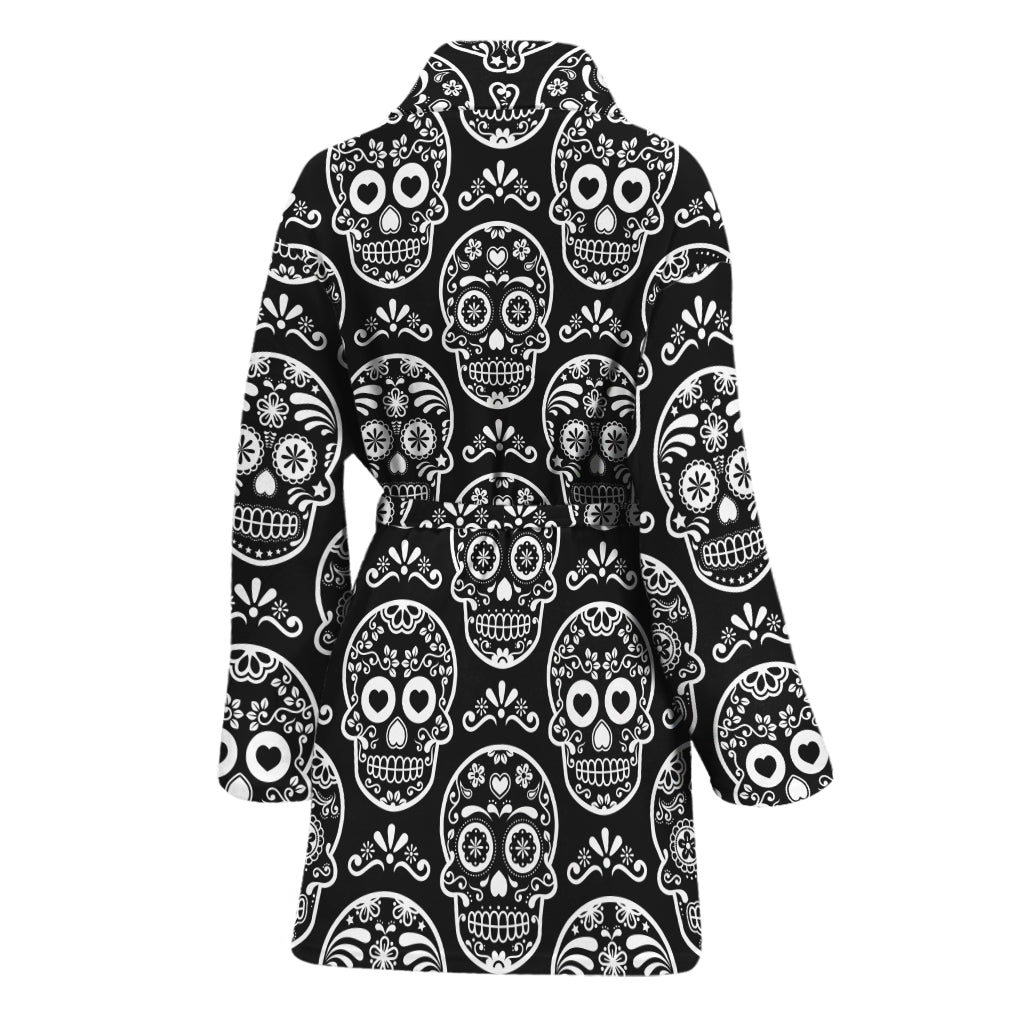 Black And White Calavera Skull Print Women's Bathrobe